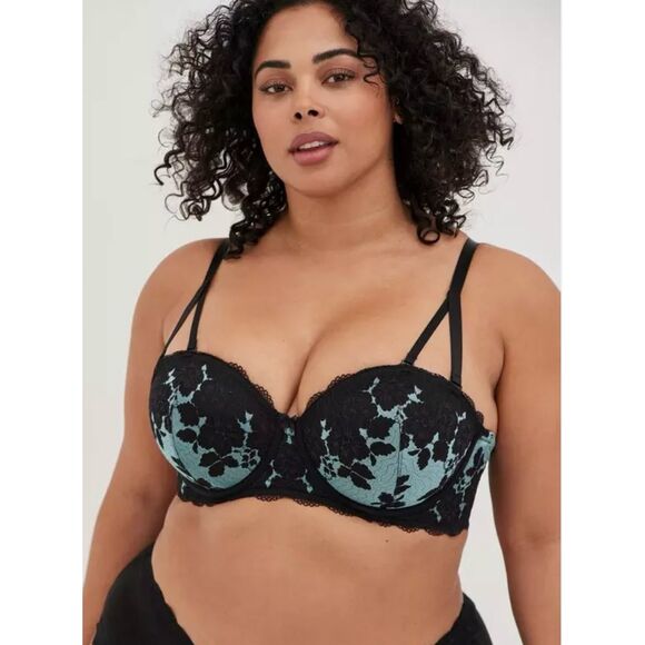 New TORRID Curve Push-Up Strapless Bra 46DD Black Teal Floral Underwired‎ - Picture 1 of 10